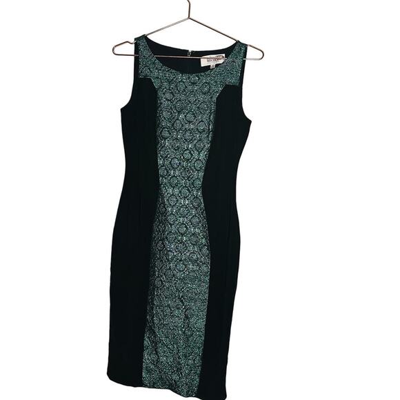BADGLEY MISCHKA Black Emerald Lurex Jacquard Stretch Green Sheath Dress Size 6 - Picture 3 of 15